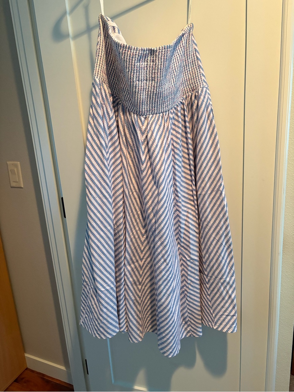 Anthropologie Strapless Blue & White Chevron Midi Dress with Front Detailing - Picture 6 of 6
